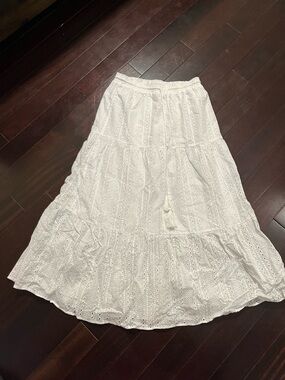 White Eyelet Tiered Maxi Skirt - Hunter and Brown - Medium